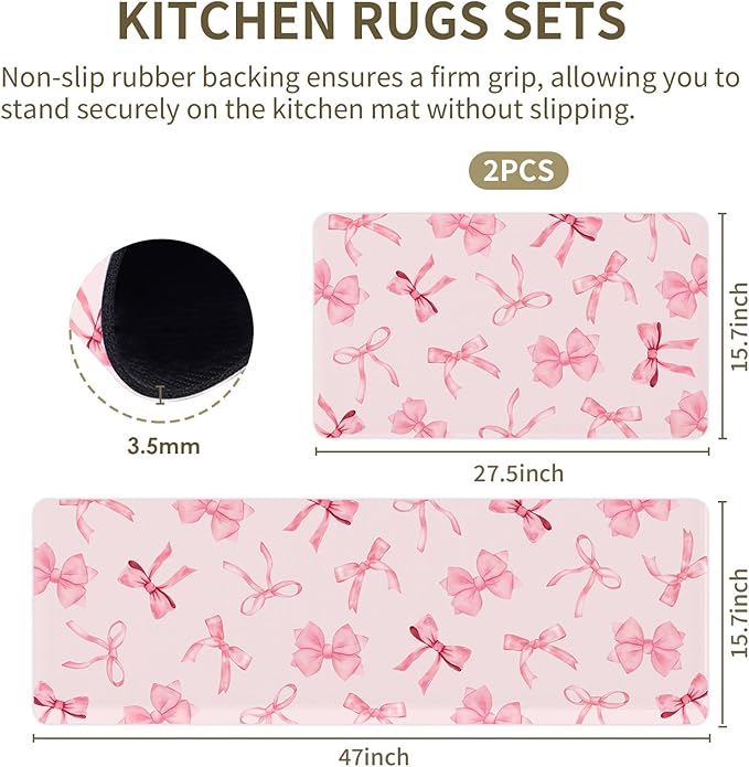 Bow Rugs for Kitchen Floor, 2PCS Anti Fatigue Pink Bow Mats for Kitchen Floor Rubber Non Slip, Washable Cushioned Bowknot Carpet Rug for Sink Laundry Gifts for Christmas 15.7"×27.5" +15.7"×47" 3.5mm