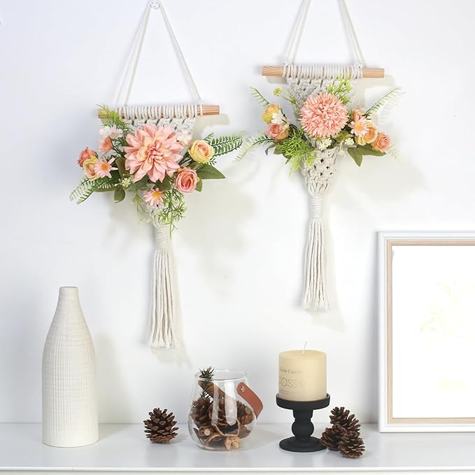 Macrame Wall Hanging, White Cotton Rope with Artificial Dahlia Flowers, 8x23 Inches, Handcrafted Boho Tapestry with LED Lights, Decorative Wall Art for Living Room, Bedroom (Salmon Pink)