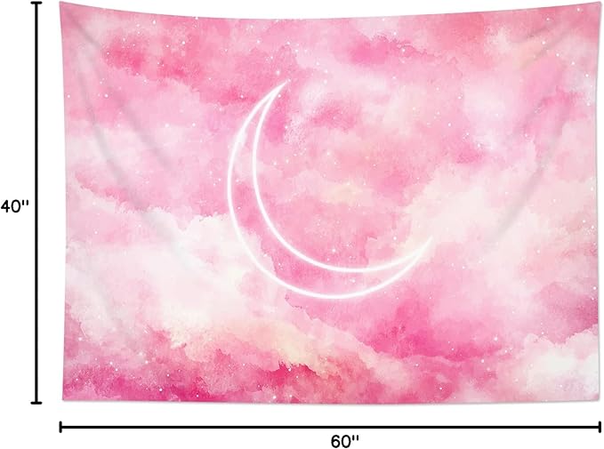 LB Pink Sky Tapestry Fantasy Cute Pink Cloud and Moon Wall Hanging Colorful Aesthetic Nature Landscape Tapestries Wall Blanket for Bedroom Living Room Girl Teen Dorm Party Decor 60x40 Inches