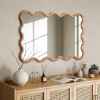 WallBeyond 28"x40" Large Wavy Wood Mirror, Natural Wood Boho Accent Wall Mirror with Solid Wooden Frame, Decorative Wall Mirror for Horizontal or Vertical Hanging in Bathroom or Living Space