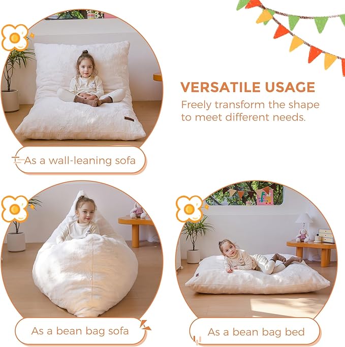 MAXYOYO 3 in 1 Kids Bean Bag Chair Bed, Child Floor Sofa for Gaming, Reading, Faux Fur Floor Mattress with High-Density Foam Filling for Living Room Bedroom