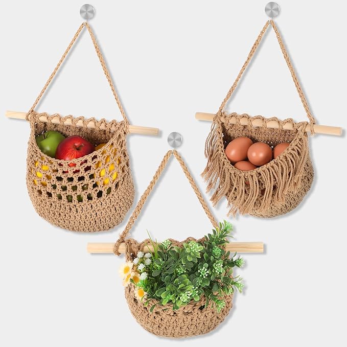3 Tier Hanging Fruit Basket, Wall Hanging Vegetable Fruit Baskets Cotton Woven Storage Baskets for Organizing, BOHO Wall Basket Decor, Over the Door Organizer for Kitchen, Bedroom, Bathroom