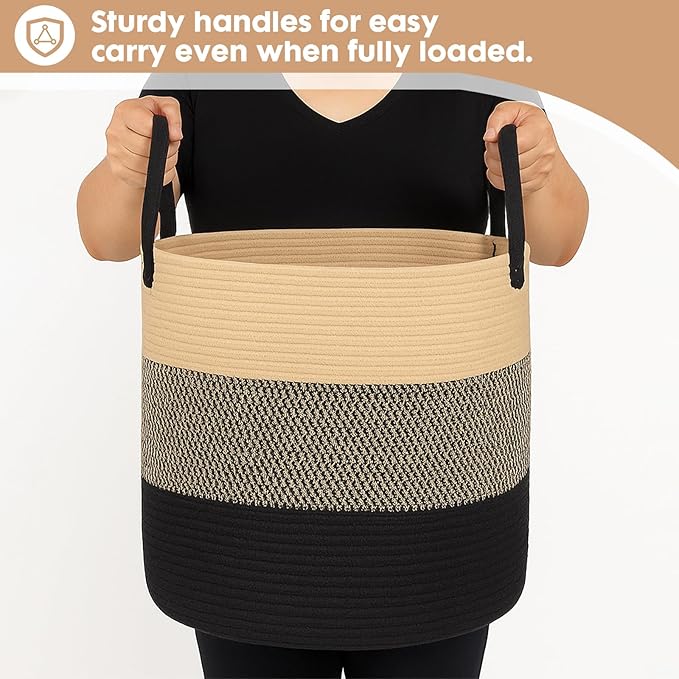 ShellKingdom Laundry Basket, Large Natural Rope Woven Storage Basket with Handles for Home, Living Room, Laundry, Storage Organizer for Blankets, Clothes, Toys, 19.7 x 14.9 INCH (3-Toned Khaki Black)