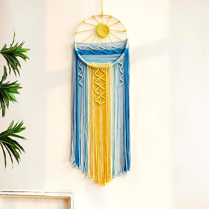 Artilady Mcrame Blue Sun Wall Decor Boho Hanging Tapestry Sunburst Wall Art, Rustic Woven Tapestries Big Dream Catcher Sunshine Decor for Bedroom Living Room Nursery (Blue Sunshine)