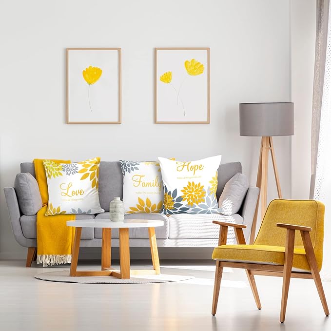 Tatuo 4 Pcs Flower Pillow Covers Square Spring Pillow Cushion Cases 18 x 18 Inch Family Faith Hope Love Words Decorative Summer Winter Cushion Case for Bed Couch Sofa Living Room(Yellow Silver Series)