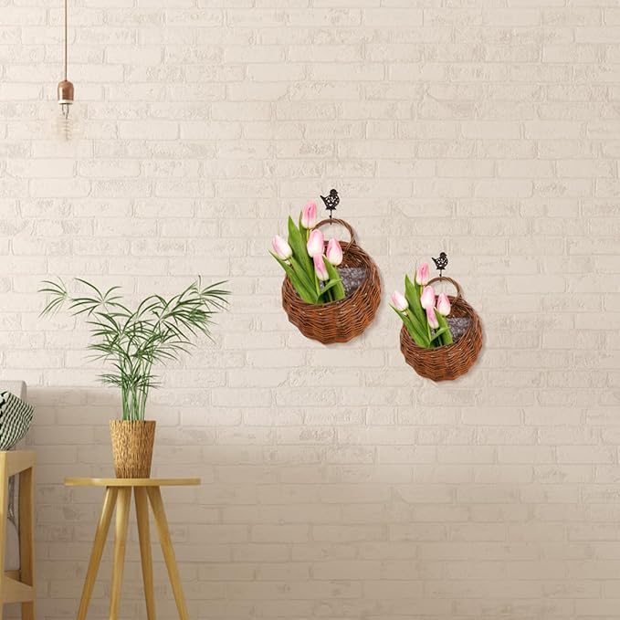 Hemoton Rattan Wall Hanging Flower Pot Basket 12.2X10.63X4.72 Inches Woven Planter for Indoor Outdoor Wall Decor Living Room Bedroom Porch