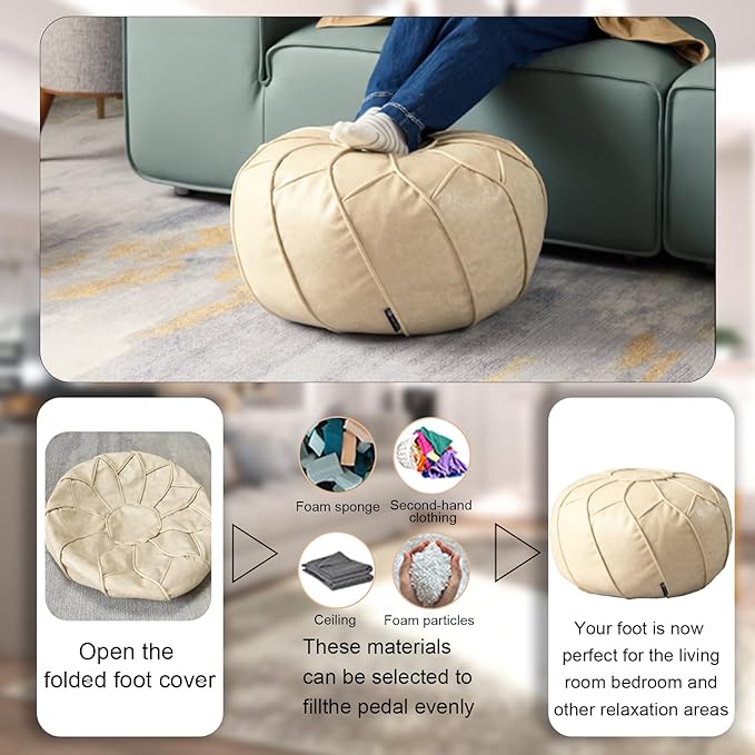 Louis Donné Unstuffed Pouf Ottoman Cover, Round Handmade Waterproof Faux Leather Foot Stool Ottoman, Storage Bean Bag Floor Chair, Footstool for Living Room Kids Room or Bedroom ONLY Cover(Off-White)