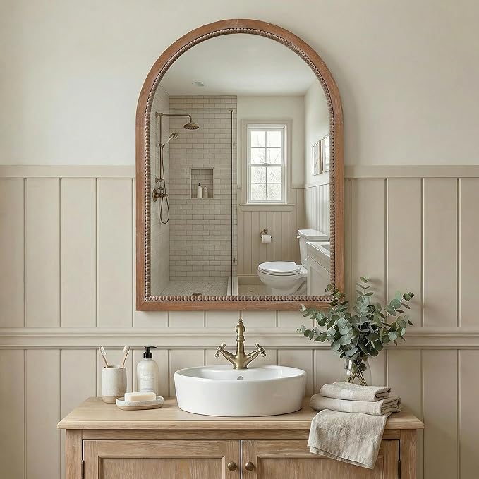 Arch Wood Mirror,22x30 inch Arched Rustic Farmhouse Natural Wooden Frame Boho Beads Wall Mirror for Bathroom,Living Room,Bedroom or Entryway