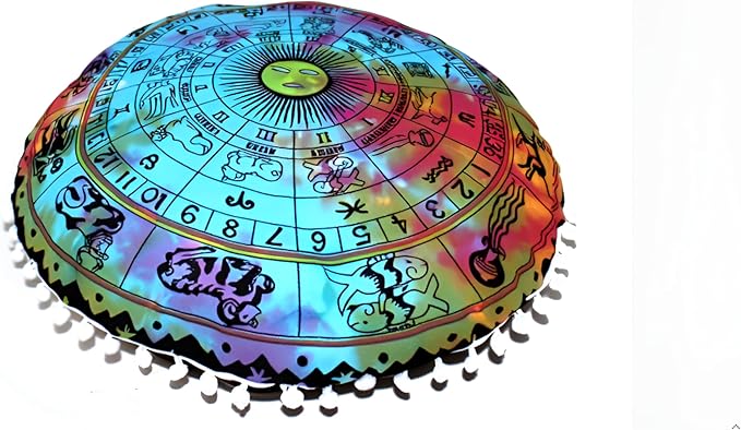 CRAFT KALA Boho Large Floor Pillow Pouf Cover Mandala Meditation Room Pillow Cover for Adults Round Bohemian Seating Pouf Cushion Cover for Kids Playroom 22" Multi Zodiac