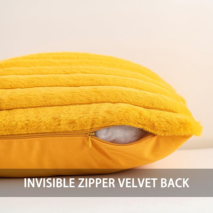 Pack of 2 Faux Fur Christmas Throw Pillow Covers 20x20 Inch, Soft Plush Striped Neutral Couch Pillow Cover, with Velvet Back Modern Home Decor for Sofa Living Room Couch Bed Yellow
