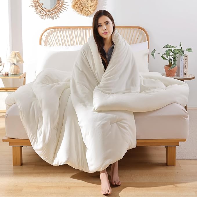 ROSGONIA Oversized King Comforter 128x120, 3pcs Super King Plus (1 Ivory Comforter & 2 Pillowcases) Lightweight Oversized Bedding Set Blanket