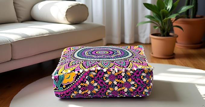 CRAFT KALA Large Hippie Mandala Meditation Floor Ottoman Pillow Cushion Pouf Cover Square Poufs Bohemian Circle Floor Cushion Case Outdoor Fireplace Yoga Living Room Decor Cover New Pink, 18" Square