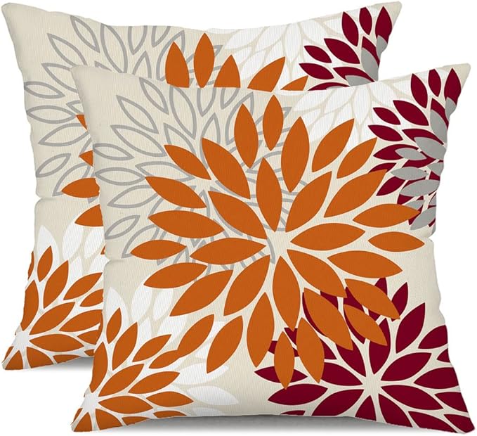 DFXSZ Orange Wine Red Flower Pillow Covers 18x18 Inch Set of 2 Outdoor Throw Pillows Outdoor Waterproof Decor for Living Room Sofa Patio Funiture Garden Floral Polyester Pillow Covers 002S18