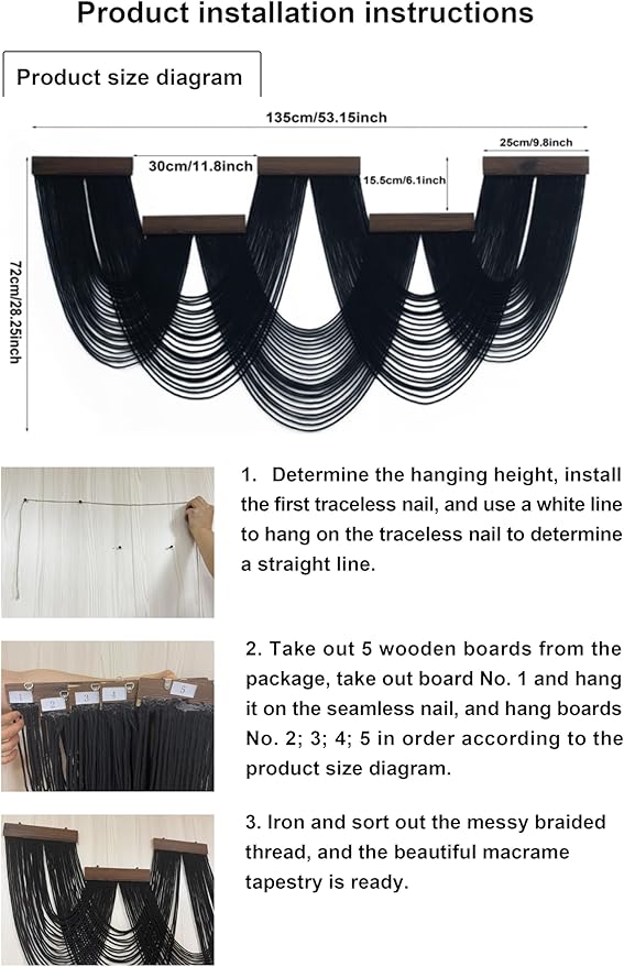 HVEST Large Macrame Wall Hanging Boho Decor, Black Bohemian Macrame Wall Art Geometric Modern Craftsmanship Handmade Woven Tapestry for Bedroom Living Room Backdrop, 53W x 28L inches