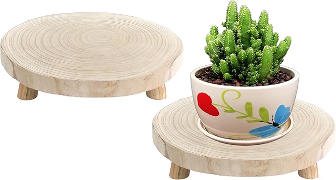 CYS EXCEL 2 Pcs Wooden Plant Stands Modern Raised Display Risers for Indoor Planters Round Natural Wood Slice Pedestals with Short Legs for Tabletop Decor Rustic Boho Home Accent, 13 Inch Diameter