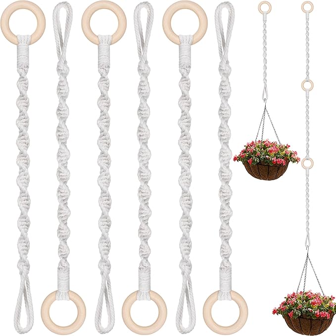 6 Pack Adjustable Macrame Plant Hanger Extender Handmade Woven Hanging Basket Extenders Connectable Rope Hanging Extension with Wooden Ring for Indoor Outdoor Plant Pot Holder
