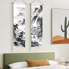 AOHMPT Pack of 2 Long Vertical Tapestry,Nature Landscape Tapestry with Serene Mountain River, Moon & Sun Motifs,Traditional Ink Painting Wall Art,Zen Aesthetic Wall Hanging for Living Room Bedroom Decor 13" W x 51" H"