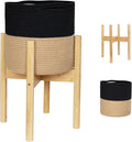 Plant Basket with Stand, Indoor Round Wicker Basket Plant with Bamboo Wood Stand, Decorative Black Woven Cotton Rope Flower Indoor Planter with Legs, Boho Bamboo Wood Planter Holder