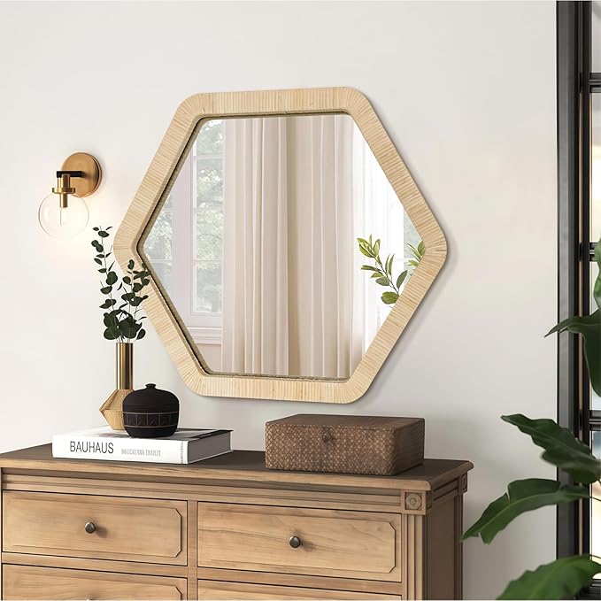ULIKE Rattan Wicker Mirror for Wall, Boho Woven Bathroom 24 Inch Rustic Farmhouse Wall Decor with Handmade Rattan Frame, Boho Mirror for Nursery Bedroom Living Room Entryway