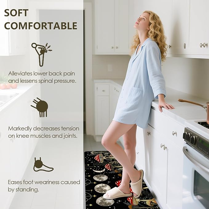 Mushrooms Rugs for Kitchen Floor,Moon Anti Fatigue Mats for Kitchen Floor Non Slip, 2PCS Rubber Kitchen Mat, Washable Cushioned Runner Carpet Rug for Sink Laundry 15.7"×27.5" +15.7"×47" 3.5mm Black