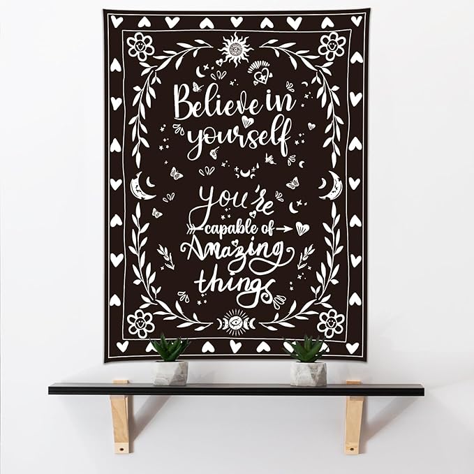 KJHL Motivational Black and White Classroom Tapestry 48" x 36" Vertical Boho Room Decor Positive Affirmations Inspirational Quote Aesthetic Tapestries Wall Hanging for Bedroom Dorm
