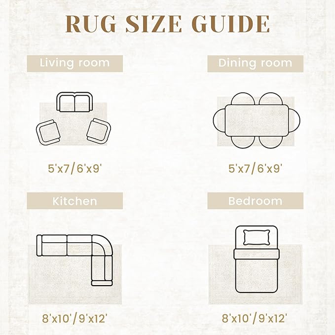 Bedroom Rug Washable Large Area Rugs Foldable Low Pile Print Non Slip Boho Patterned Rugs for Bedroom Living Room Dining Home Office (Floral Beige, 5'x7')