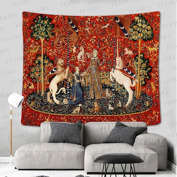 FEASRT Medieval Princess Tapestry Maiden and Unicorn - European Royal Tapestry, 60x51 Inches Soft Flannelette, for Living Room Royal Historical Decor