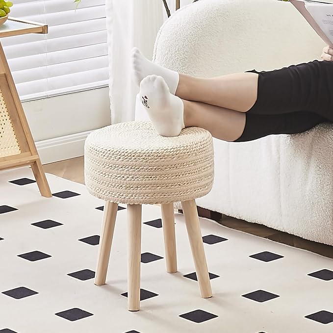 Cpintltr Round Ottoman Footstool Natural Seagrass Foot Stool Pouf Ottomans with Solid Wood Legs Hand Weave Hyacinth Footrest Step Stool for Living Room Balcony Garden Natural & Beige
