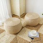 Natural Straw Round Pouf Ottoman, Handwoven Boho Footstool with Wood Frame for Living Room Bedroom Patio Garden (12.2"x12.2"x8.7")