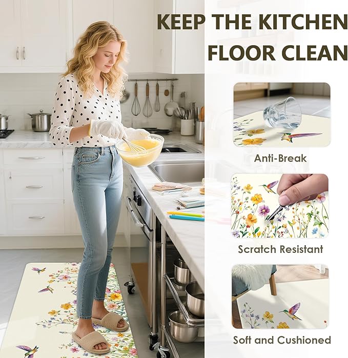 Flower Rugs for Kitchen Floor, ButterflyFloral Anti Fatigue Mats for Kitchen Floor Non Slip, 2PCS Rubber Kitchen Mat, Washable Cushioned Runner Carpet Rug for Sink Laundry 15.7"×27.5" +15.7"×47" 3.5mm