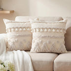 Tegeme 2 Pack Boho Throw Pillow Covers 18 x 18 Inch Tufted Textured Woven Farmhouse Decorative Pillowcases with Tassels Modern Neutral Cream Couch Pillows with Zipper for Sofa Bed Living Room