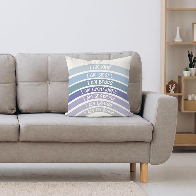 QIYUHOY Boho Rainbow Classroom Throw Pillow Covers, Book Center Calming Corner Playroom Decor Pillow Case, Blue Pillow Cover, I Am Kind Smart Brave Confidence 20x20 Inch Pillowcase(Blue)