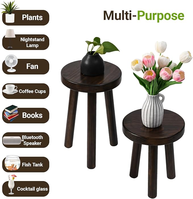 Wood Plant Stand Set of 2 (16+12" Tall) - Dark Walnut Round Solid Wood Plant Stand, Side Table, or Bathroom Stool - Heavy Duty Stool for Small Spaces