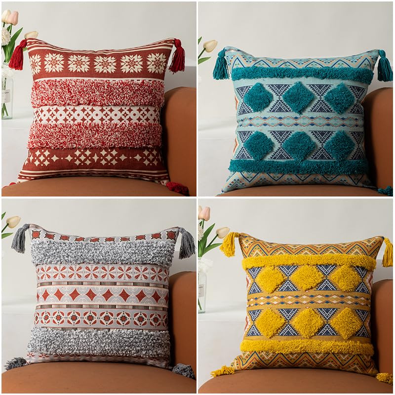 Boho Tufted Decorative Throw Pillow Cover, Cozy Bohemian Cotton Canvas Cushion Cover Tassels Pillow Case Home Decor 17"X 17",Gray 01