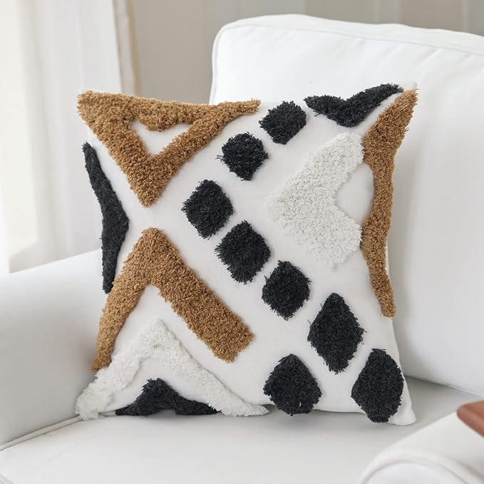 IKATYARN 18 x 18 Inches Geometric Tufted Chenille Throw Pillow Cover, Boho Modern Decorative Cushion Case, Farmhouse Pillowcase for Couch Sofa Bedroom Living Room, Tan Charcoal White