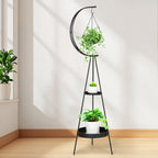 Airogym Plant Stand, Metal Plant Holder Indoor Outdoor, Modern Iron Flower Pots Rack, Multifunctional Planter Display Shelf with Hanging Planters for Garden Patio Room, Corner Balcony Decor (Black -2 Tier)