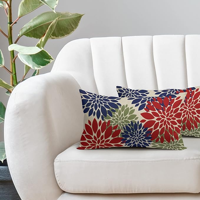 4th of July Pillow Covers 12X20 Inch Set of 2, Patriotic Red Blue Green Dahlia Floral Print Holiday Decorative Rectangle Throw Pillow Covers Outdoor Farmhouse Cushion Case for Couch Sofa Bed Decor