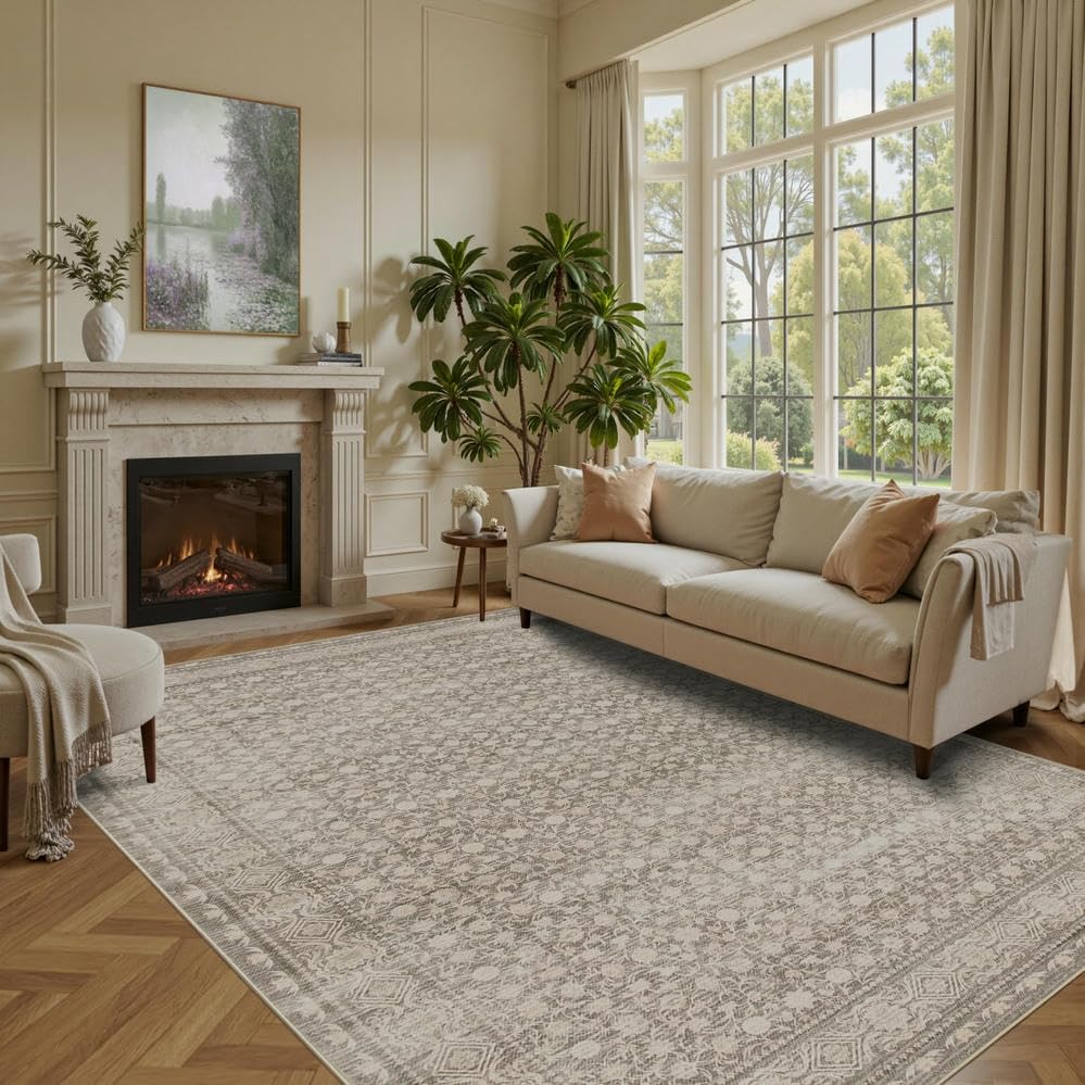 Area Rugs 5x7, Washable Rugs for Living Room, Vintage Boho Rug for Office, Dining Room, Kids Room and Farmhouse, Durable Low Pile Non-Slip Area Rug for High Traffic Areas(Apricot) - color: Apricot, size: 5' x 7' (Rectangular)