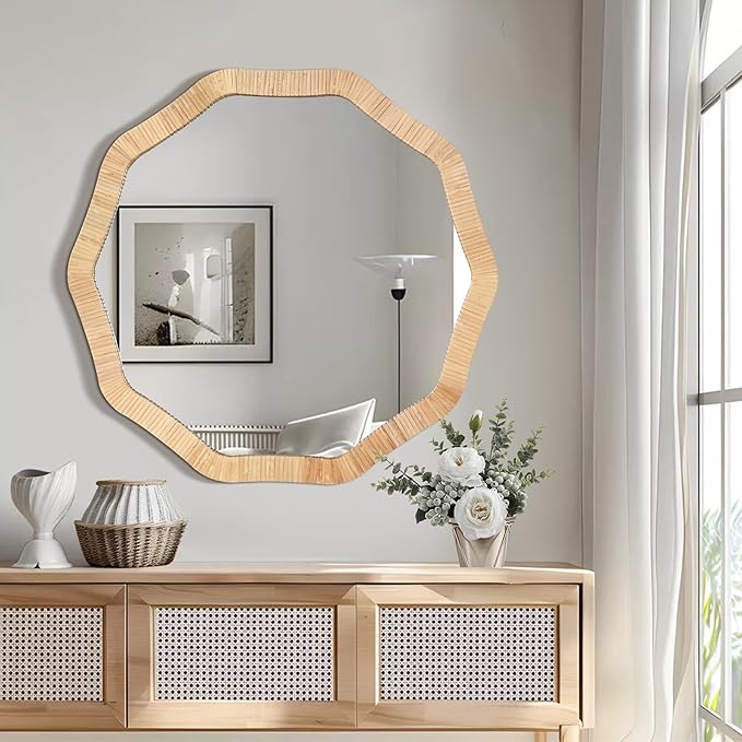ULIKE Rattan Wicker Mirror for Bathroom, 30 Inch Boho Woven Decorative for Wall, Rustic Farmhouse Vanity Mirror, Large Geometric Rattan Mirrors for Living Room Entryway Bathroom Bedroom