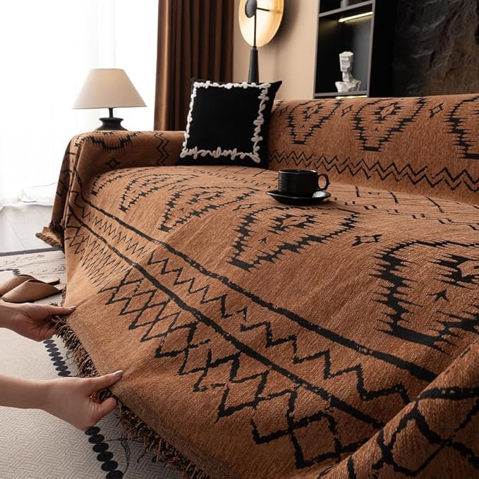 ROOMLIFE Brown Couch Cover 3 Cushion Sofa, Washable Non Slip Furniture Sofa Protector Cover, Soft Chenille Sofa Slipcovers Sectional L Shape Dogs Couch Cover Throw Blanket with Tassels 71''X134''