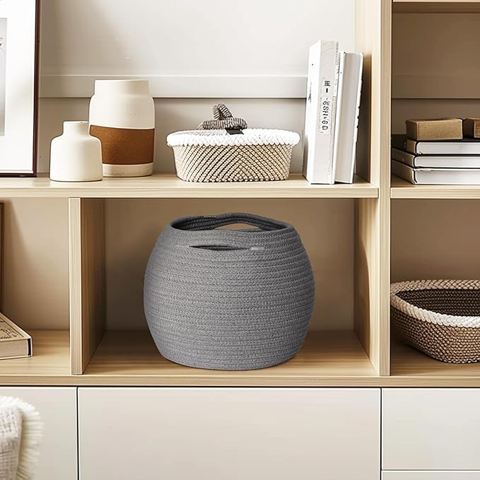 Gray Storage Basket for Decor, Round Plant Basket Indoor, Cute Baby Nursery Organizer, Small Wicker Cat Dog Toy Bin Box, Decorative Woven Cotton Rope Closet Bin, Kids Stuffed Animals Storage