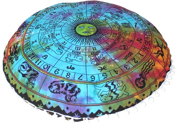 CRAFT KALA Boho Large Floor Pillow Pouf Cover Mandala Meditation Room Pillow Cover for Adults Round Bohemian Seating Pouf Cushion Cover for Kids Playroom 22" Multi Zodiac