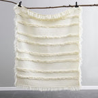 Pre-Washed Ultra Soft Quilted Cream King Size Blankets for Bed, Ruffle Fringed Chic Boho Decorative Throw, Stone Washed Blanket for Sofa Couch Bed 104"x90"