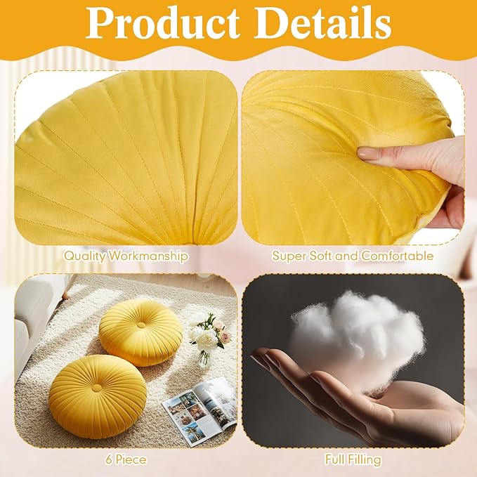 Namalu 2 Pcs Yellow Round Throw Pillow 13.8 Inch Decorative Round Velvet Floor Pillows Pumpkin Throw Pillows with Center Button Floor Cushion for Valentines Day Home Living Room Sofa Couch Bed Chair