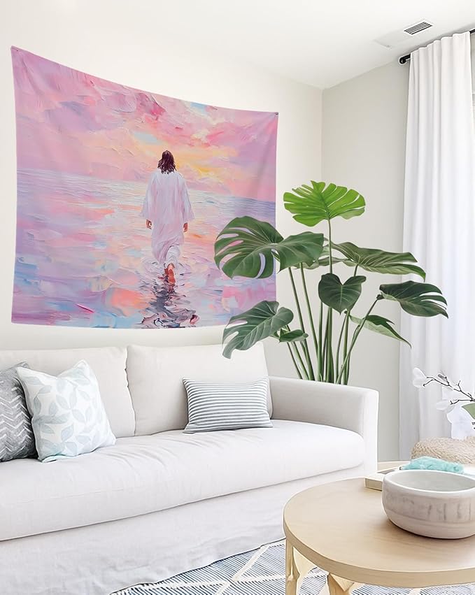 bitCNY Jesus Sunset Walk Tapestry – Pink Pastel Christian Wall Hanging, Peaceful Inspirational Decor for Bedroom or Prayer Room, 50x60 Inch