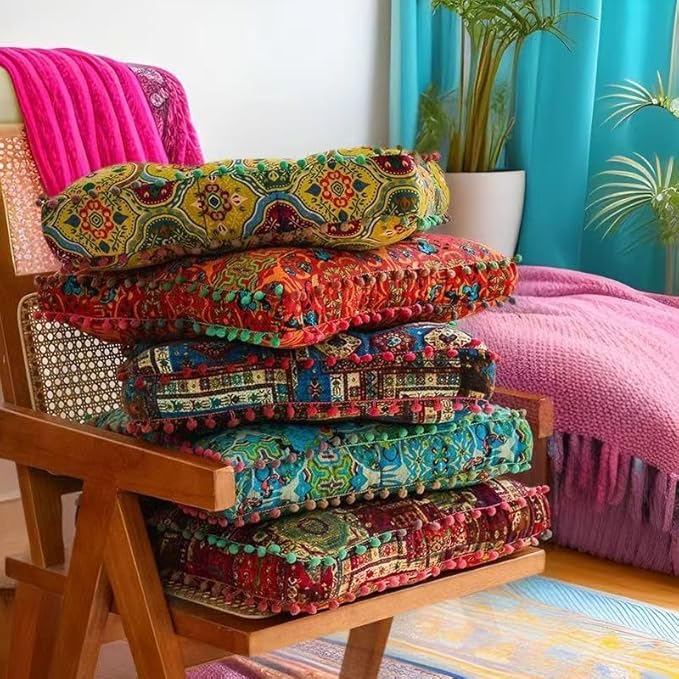 Bohemian Floor Pillow,Square Meditation Cushion & Yoga Mat – Ethnic Mandala Pattern Floor Seating for Living Room, Bedroom, Relaxation, Floor Decor(Green)