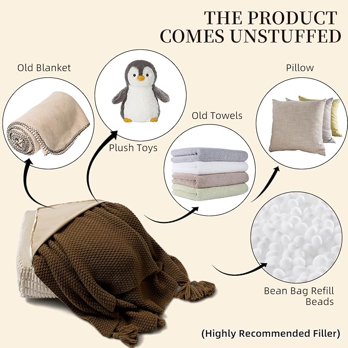 Unstuffed Pouf Ottoman Soft Square Bean Bag Storage Pouf Cover 20x20x8 Inches Decorative Floor Footrest for Living Room Bedroom Outdoor (Beige, Square)