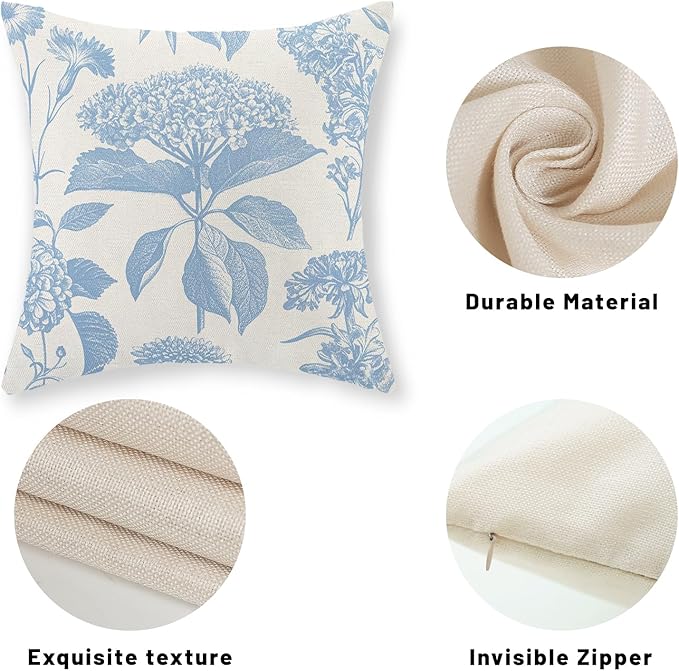 Baby Blue Pillow Covers 18x18 Set of 2 Vintage Boho Floral Hydrangea Herbs Botanical Throw Pillows Outdoor Flower Decoration Pillowcase Linen Farmhouse Cushion Case Decorative for Couch Sofa