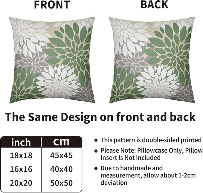Sage Green White Grey Gray Pillow Covers 22X22 Inch Set of 2, Modern Dahlia Floral Print Decorative Throw Pillow Covers Outdoor Farmhouse Cushion Case for Home Couch Sofa Bed Decoration
