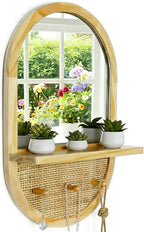 Wall Mirror with Hooks, 22x14 Inch Boho Wall Mirror with Removable Shelf, Oval Solid Wood Framed, Handmade Rattan Mirror Decor Accent for Entryway, Bathroom, Nursery, Bedroom, Living Room